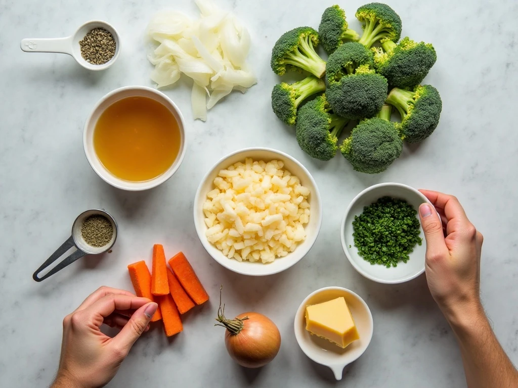 Ingredients for crockpot broccoli cheese soup arranged for cooking