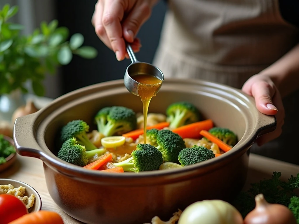 Vegetables and broth being prepared in a slow cooker for broccoli cheese soup