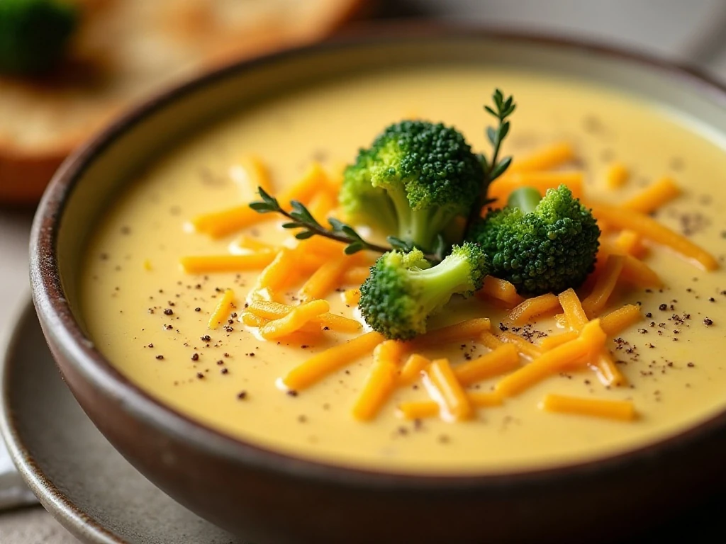 Broccoli cheese soup garnished with cheddar, herbs, and black pepper