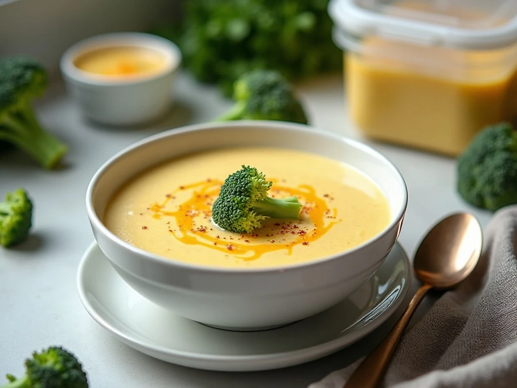 Broccoli cheese soup portioned for storage and gentle reheating