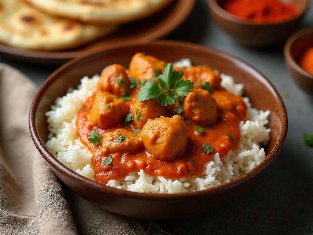 Creamy slow cooker butter chicken served with basmati rice and naan