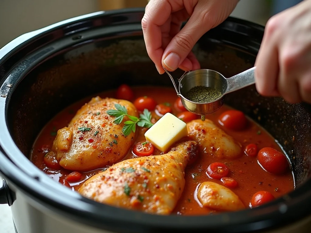 Chicken and spices being combined in a slow cooker