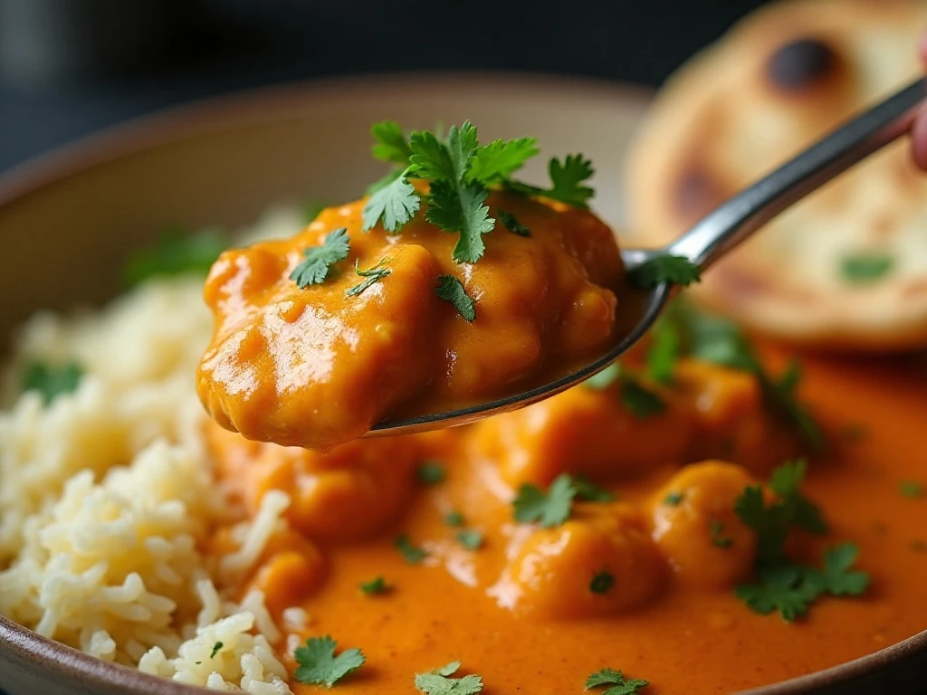 Butter chicken garnished with fresh cilantro beside rice and naan