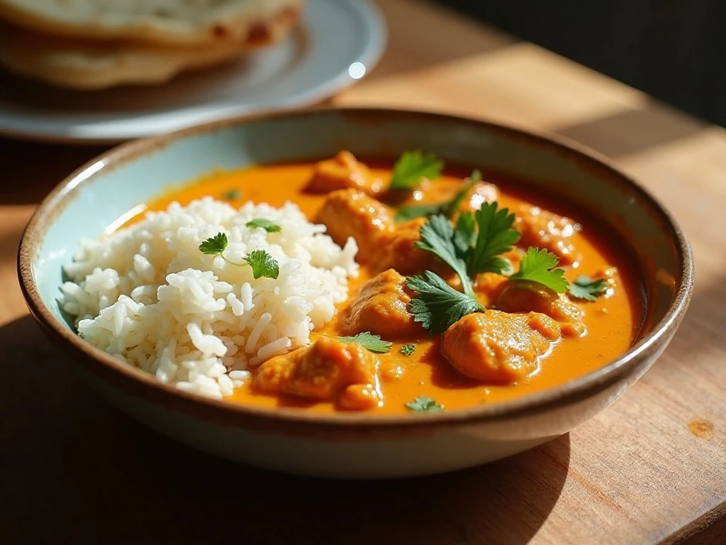 Slow cooker butter chicken served with basmati rice and naan
