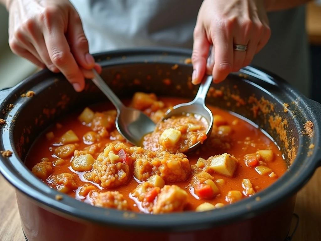 Chicken and sauce ingredients being combined in a slow cooker