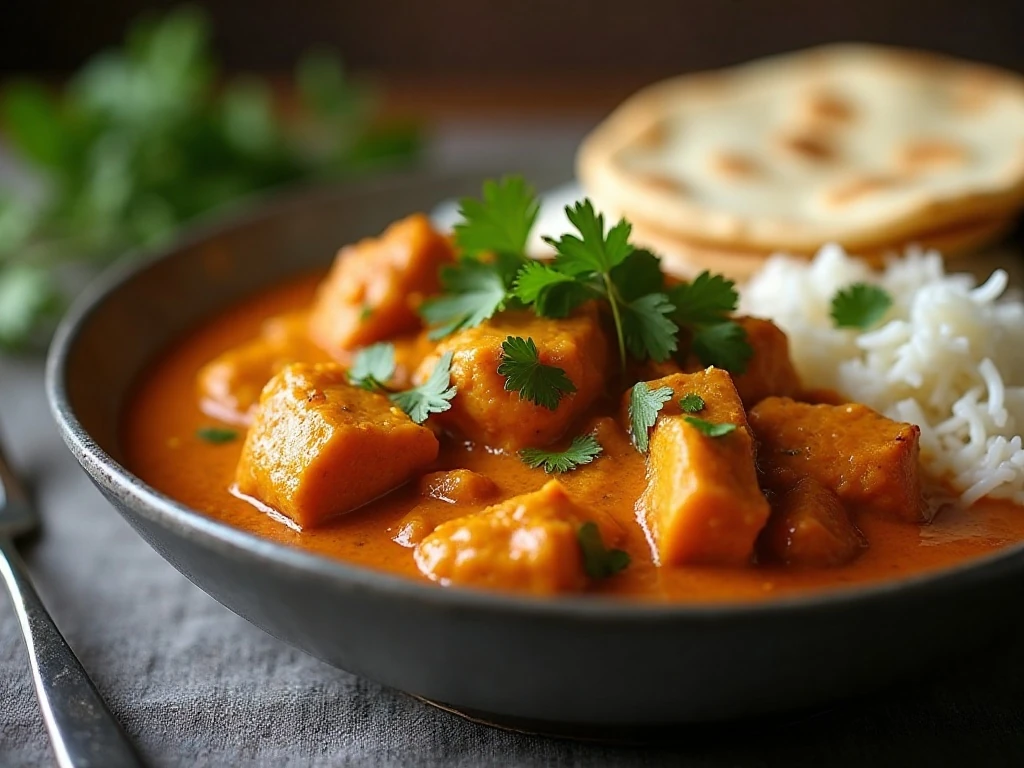 Finished easy slow cooker butter chicken with rice and naan