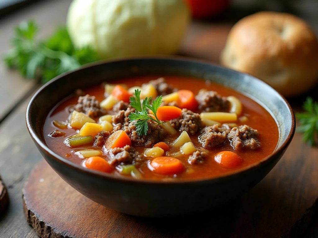 Hearty slow cooker cabbage and beef soup served with crusty bread