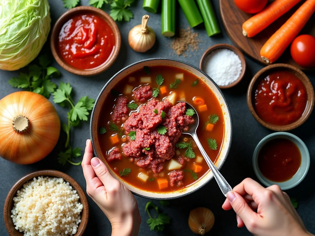 Ingredients for slow cooker cabbage and beef soup