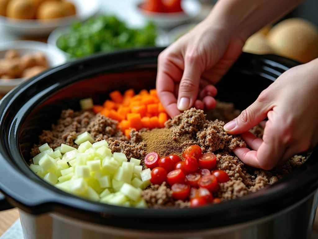 Adding cabbage soup ingredients to a slow cooker