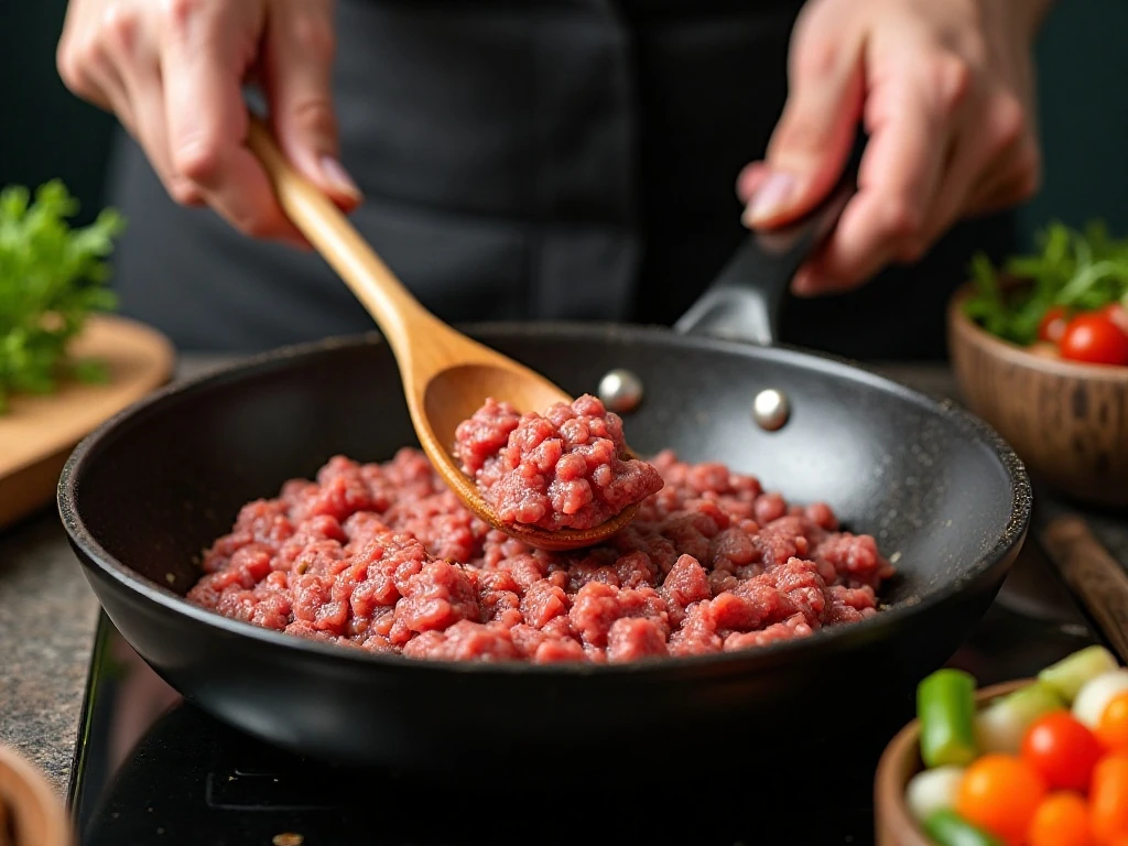 Browning ground beef before making crockpot cabbage soup