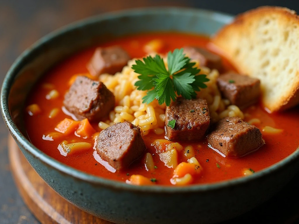 Cabbage and beef soup with optional rice and parsley garnish
