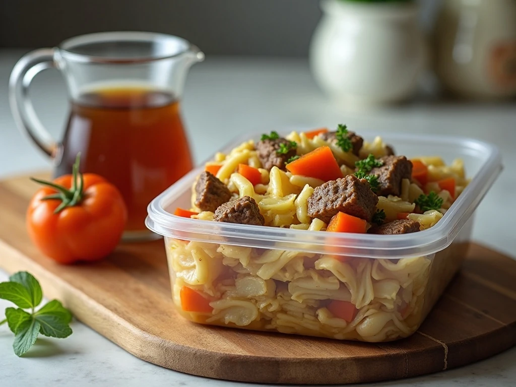 Stored slow cooker cabbage and beef soup ready for reheating