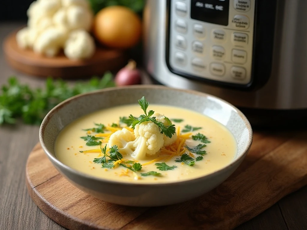 Comforting slow cooker cauliflower soup ready to serve