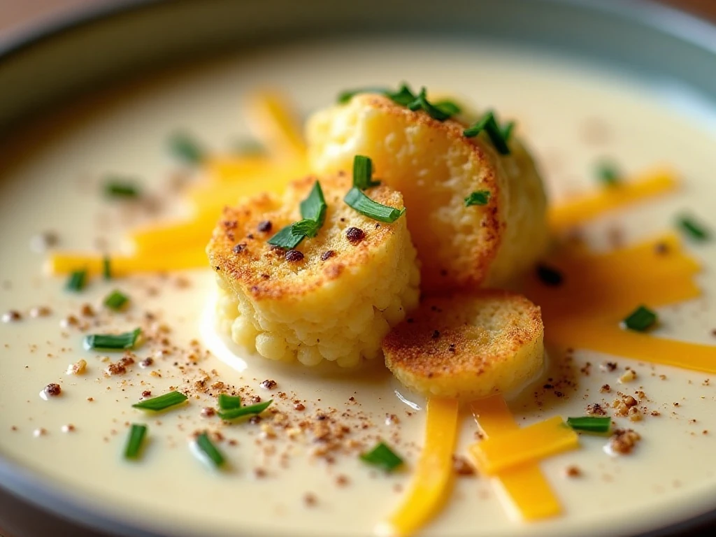 Cauliflower soup topped with cheddar, chives, croutons, and seeds