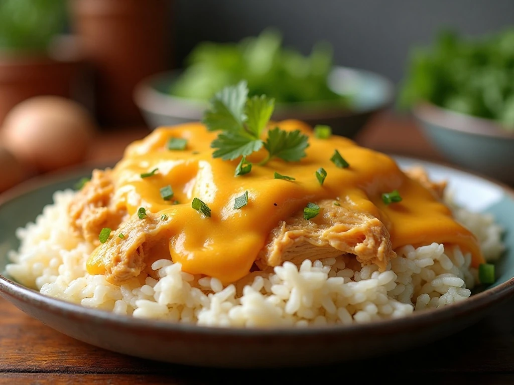 Creamy slow cooker cheesy ranch chicken served over rice