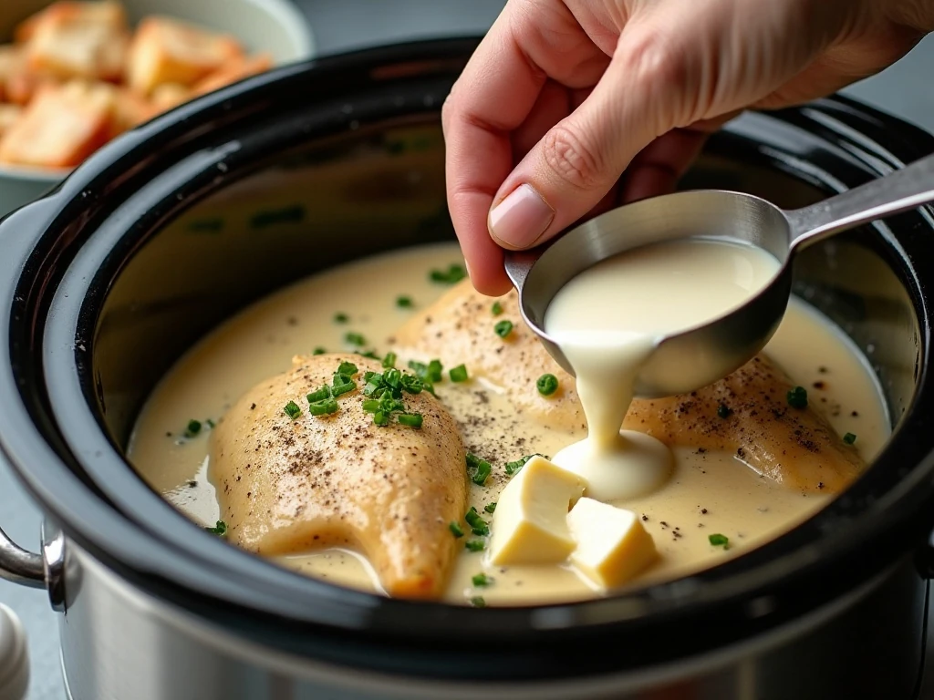 Chicken and creamy ingredients assembled in a slow cooker