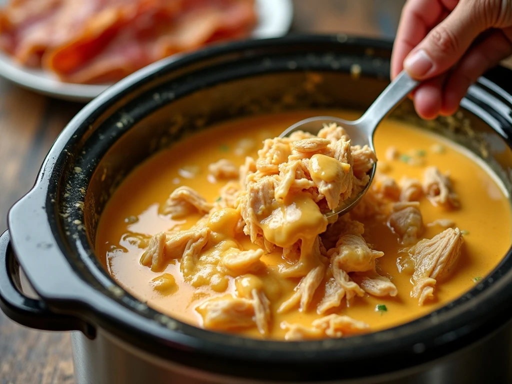 Shredded chicken stirred into creamy cheddar ranch sauce