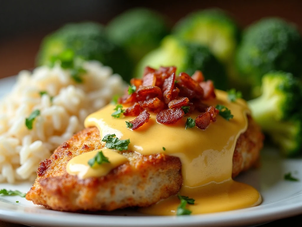 Cheesy ranch chicken with bacon, rice, and steamed broccoli