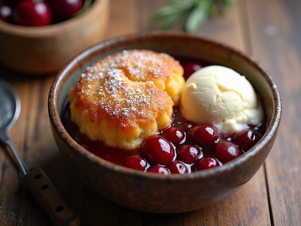 Warm slow cooker cherry dump cake served with vanilla ice cream