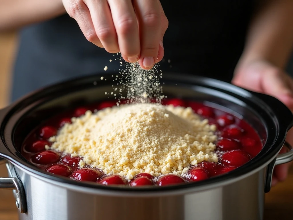 Layering cake mix over cherry pie filling in a slow cooker