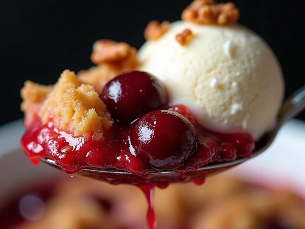 Close-up of cherry dump cake with melting vanilla ice cream