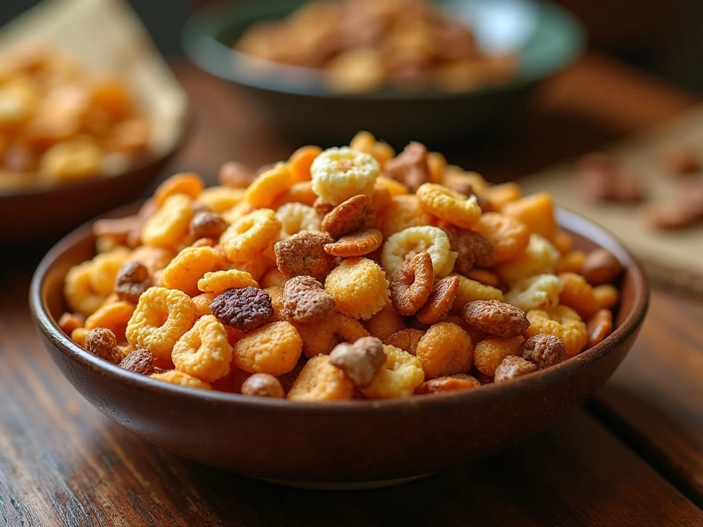 A bowl of savory homemade slow cooker Chex Mix ready for snacking