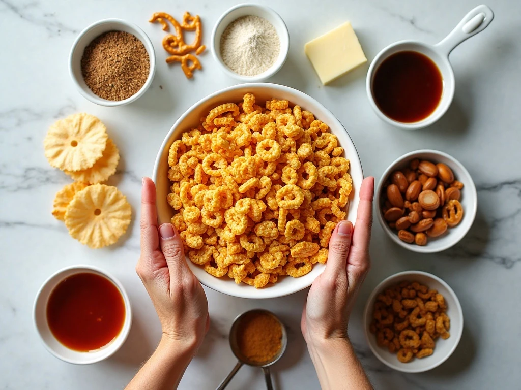 Ingredients for slow cooker Chex Mix arranged for preparation