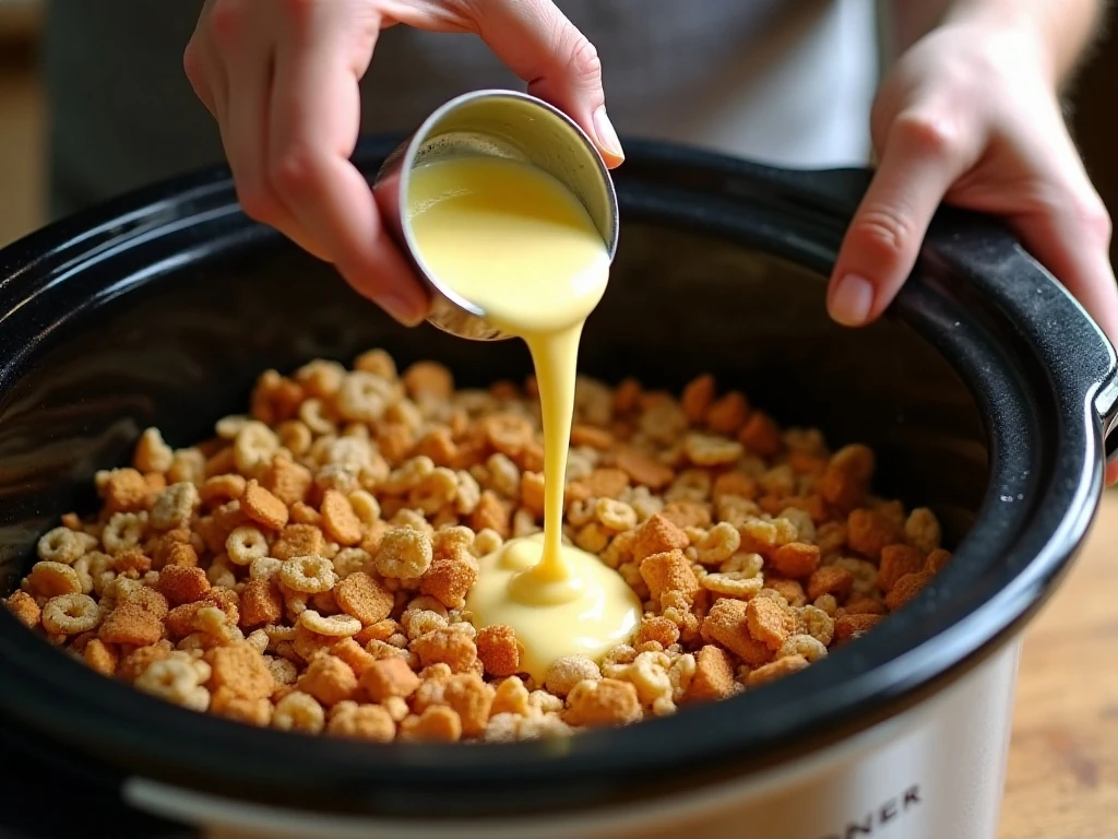 Cereal and crunchy ingredients being stirred in a slow cooker