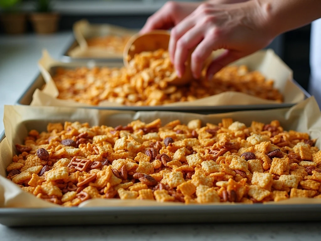 Fresh slow cooker Chex Mix cooling on parchment-lined baking sheets