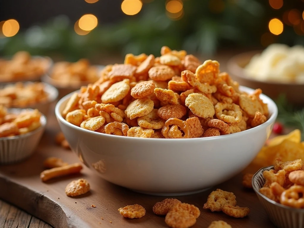 Slow cooker Chex Mix served in a bowl for a party