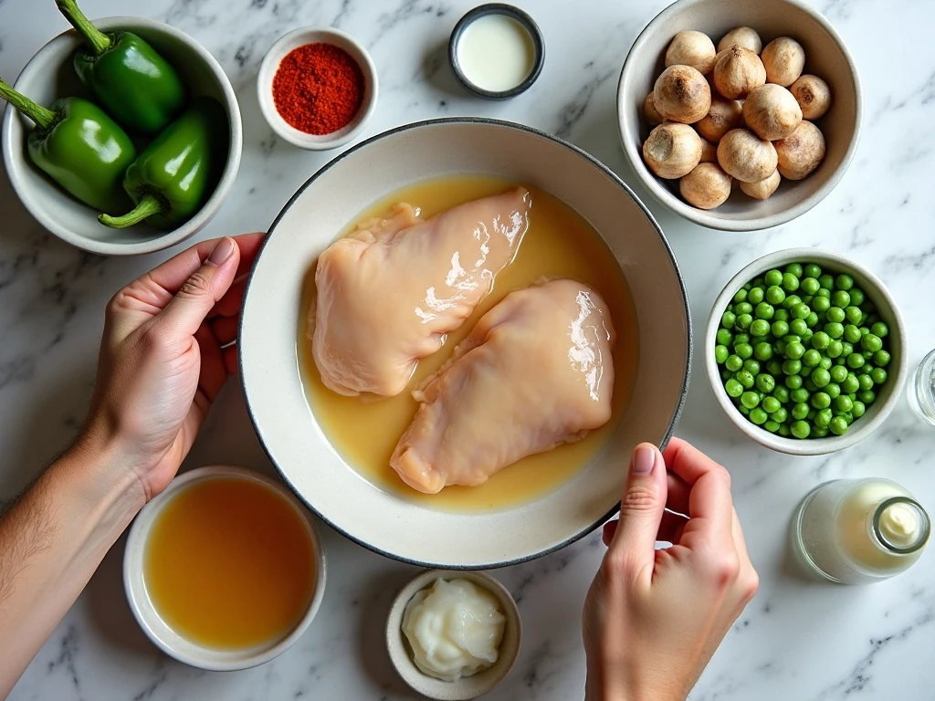 Ingredients for slow cooker chicken a la king arranged on a counter