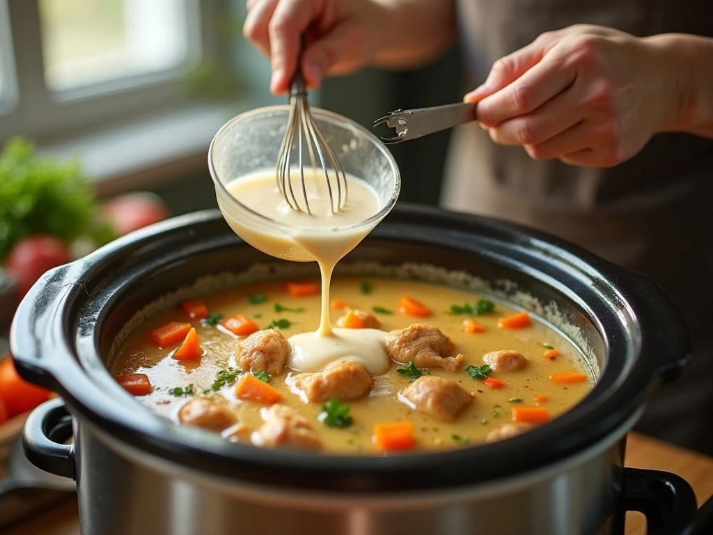 Preparing the creamy sauce and vegetables for slow cooker chicken a la king