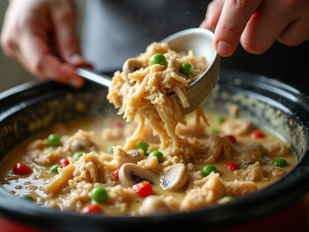 Stirring shredded chicken and finishing ingredients into creamy slow cooker sauce