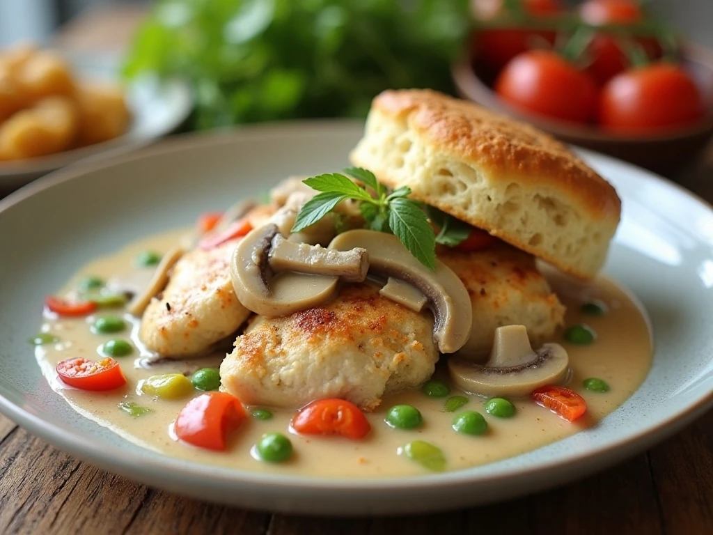 Creamy chicken a la king served over a warm biscuit