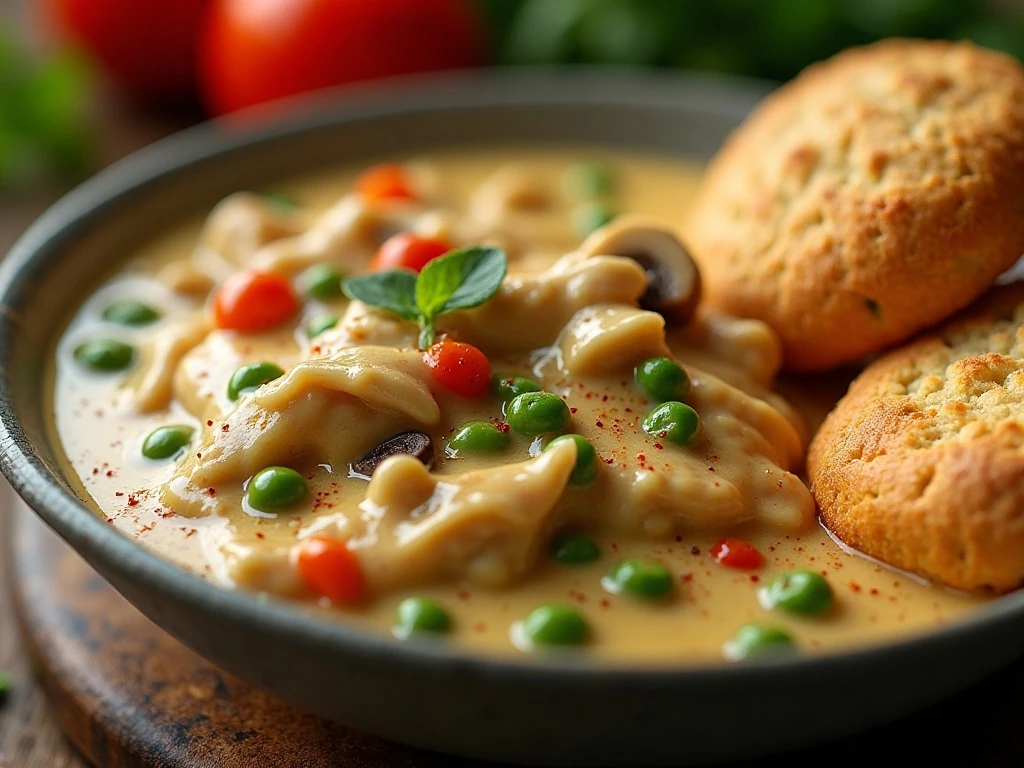 Close-up of creamy chicken a la king with peas, pimientos, and mushrooms
