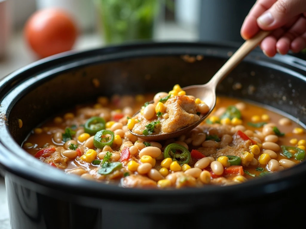 Ingredients being combined in a slow cooker for white bean chicken chili