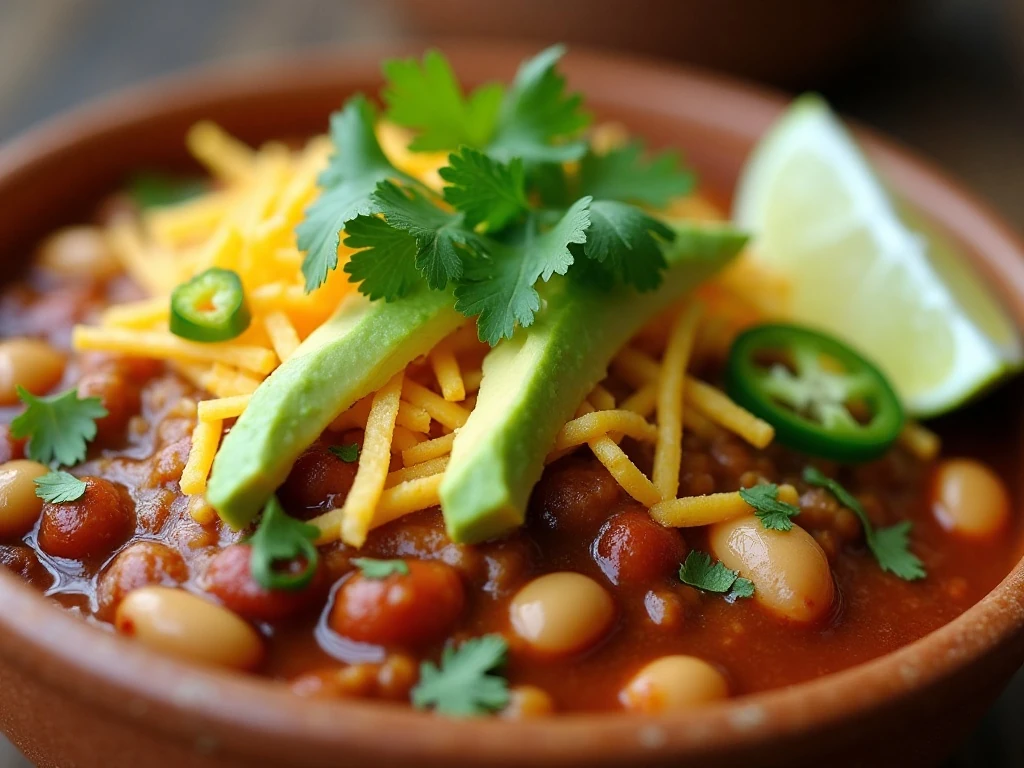 White bean chicken chili with avocado, cheese, cilantro, jalapeno, and tortilla strips