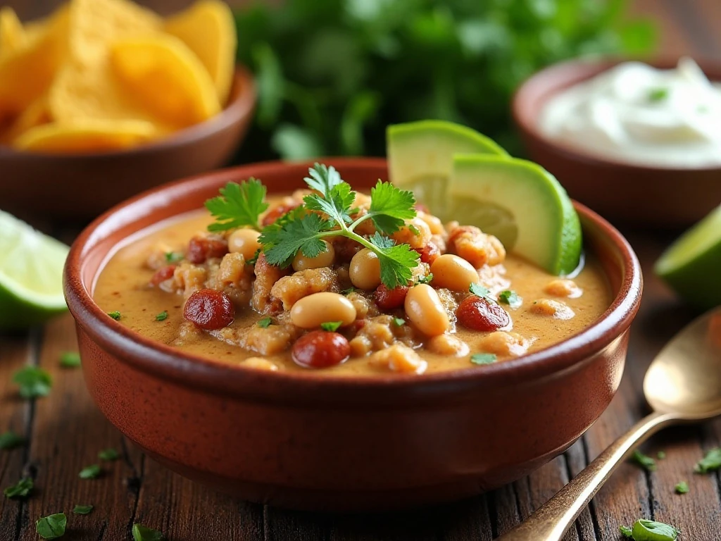 Slow cooker white bean chicken chili served with toppings