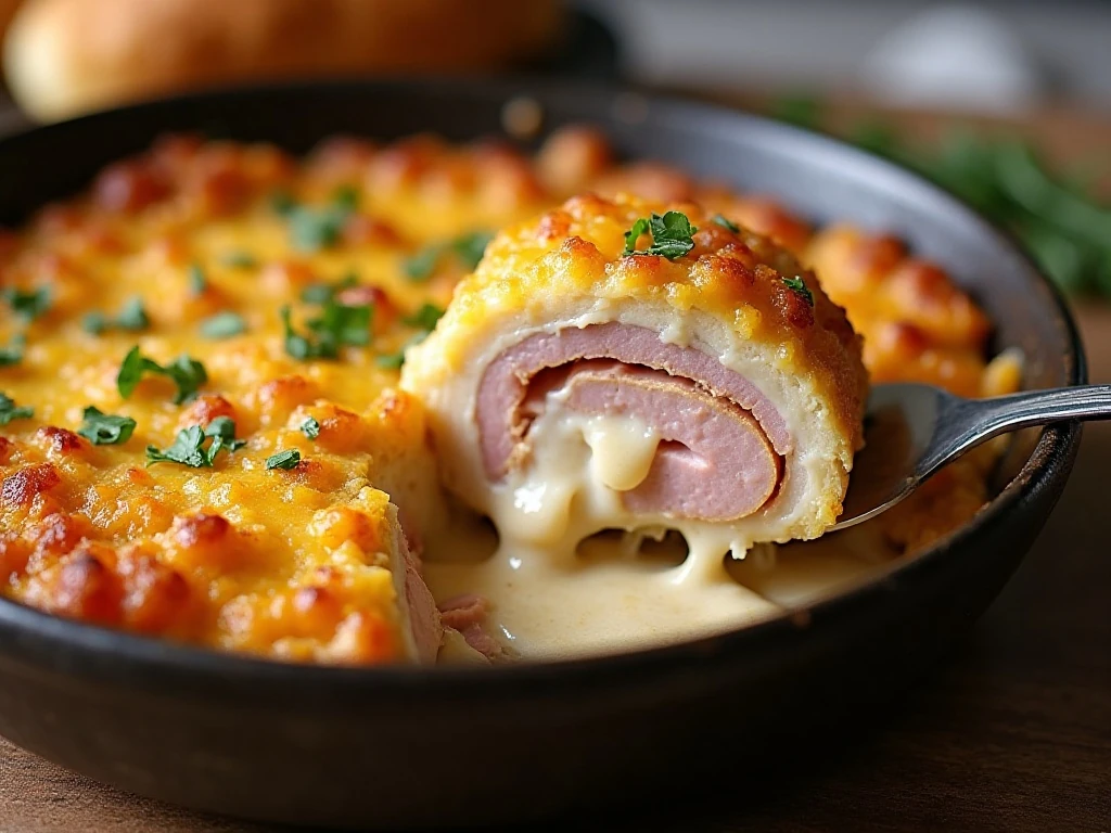 Slow cooker chicken cordon bleu with ham, Swiss cheese, creamy sauce, and stuffing