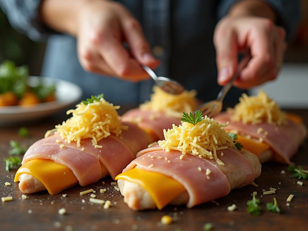 Assembling chicken cordon bleu ingredients for the slow cooker