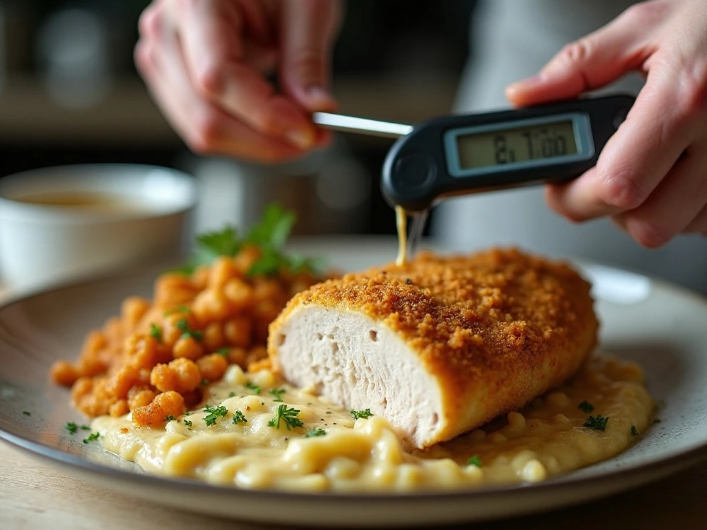 Checking chicken cordon bleu for a safe internal temperature