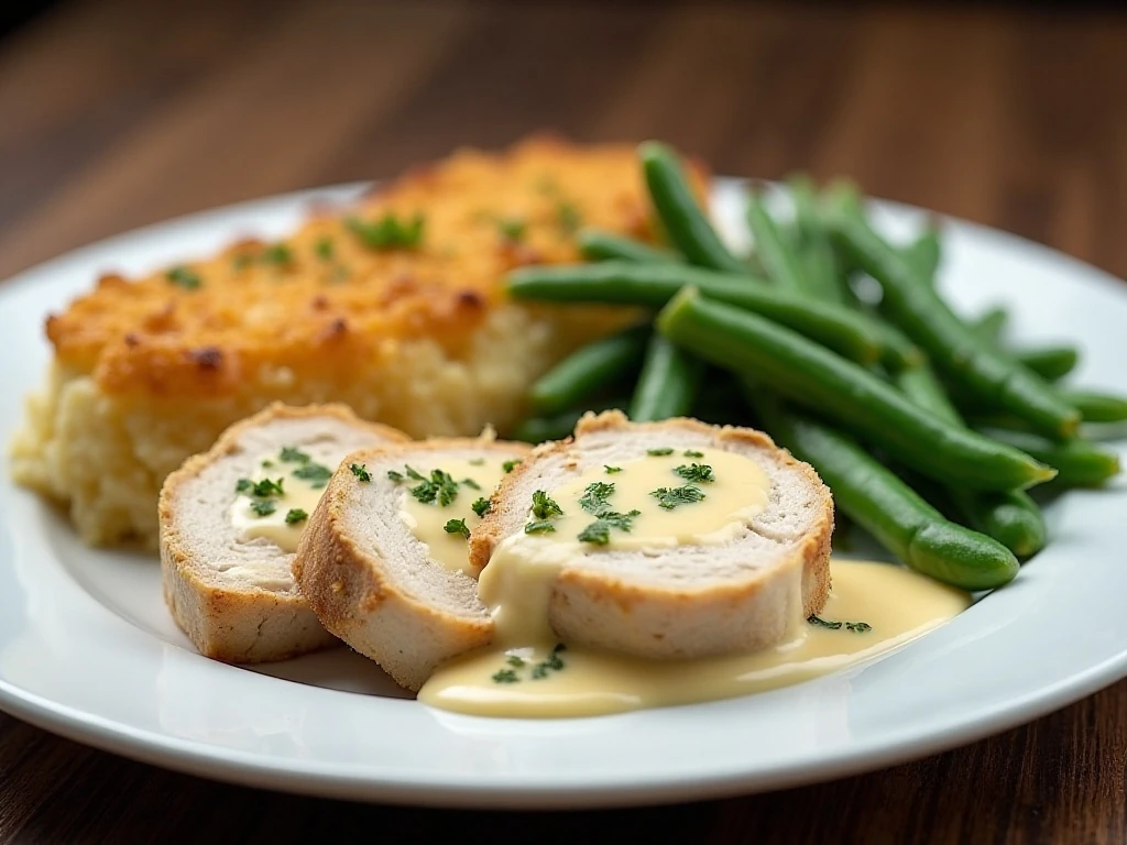 Chicken cordon bleu served with vegetables and salad