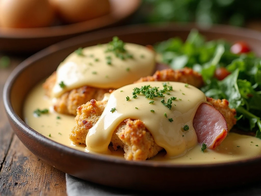 Slow cooker chicken cordon bleu with creamy sauce, mashed potatoes, and vegetables