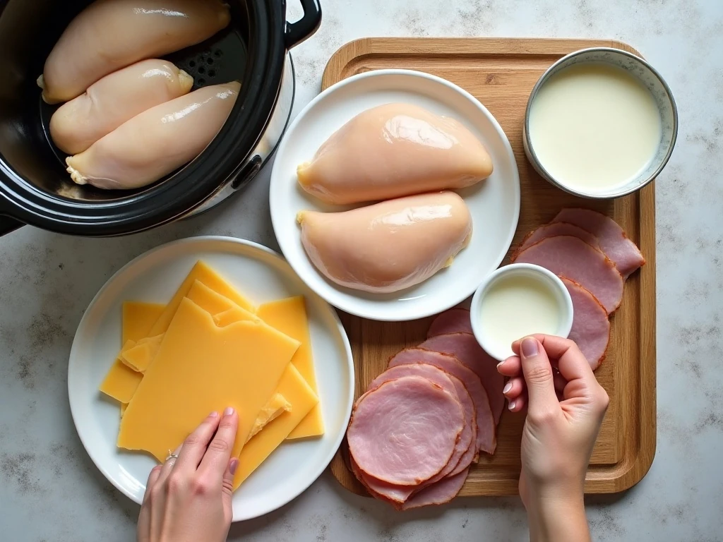 Ingredients for easy slow cooker chicken cordon bleu