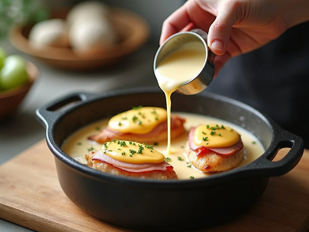 Preparing chicken cordon bleu in a slow cooker with ham, cheese, and creamy sauce
