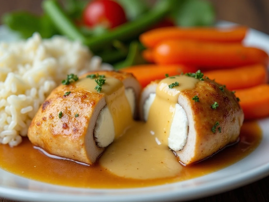 Chicken cordon bleu served with rice, mashed potatoes, and steamed vegetables