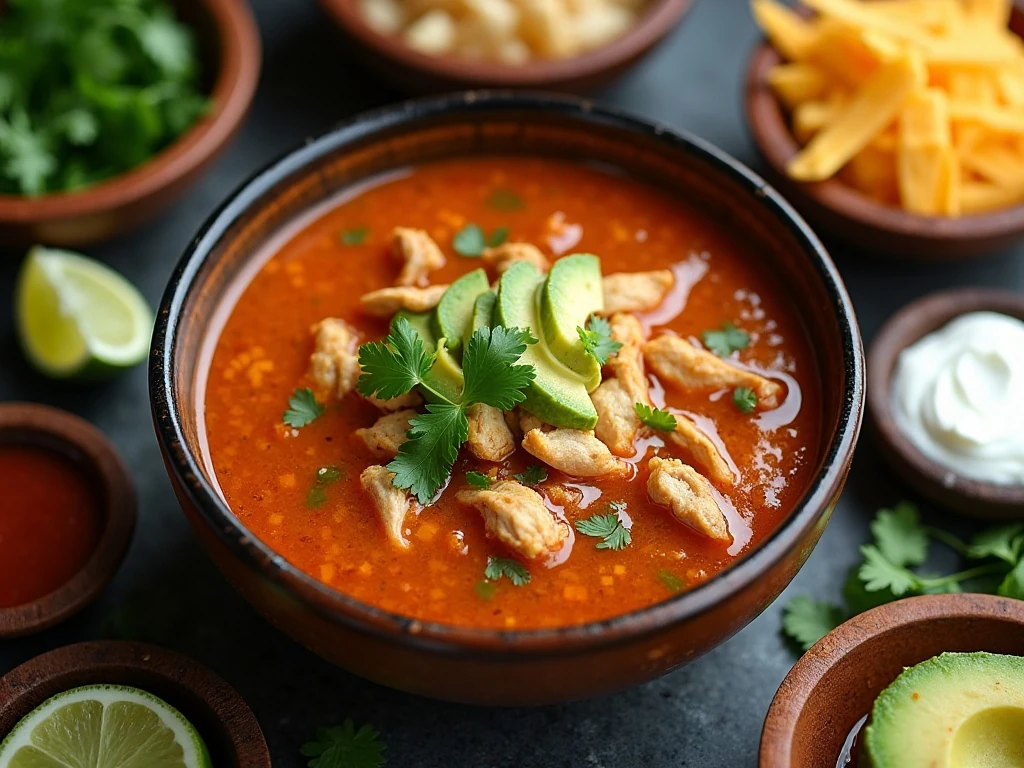 Slow cooker chicken tortilla soup served with colorful toppings
