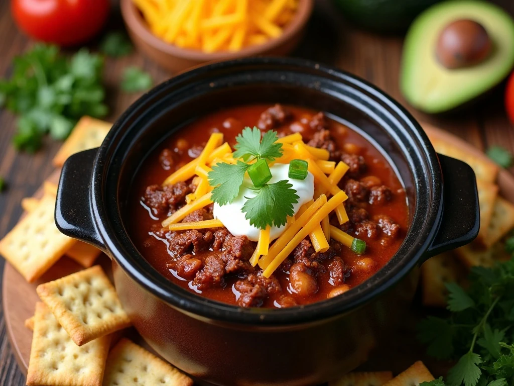 Hearty crockpot slow cooker chili served with classic toppings