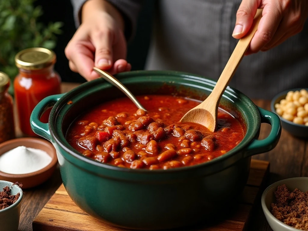 Thick rich chili cooking in a crockpot