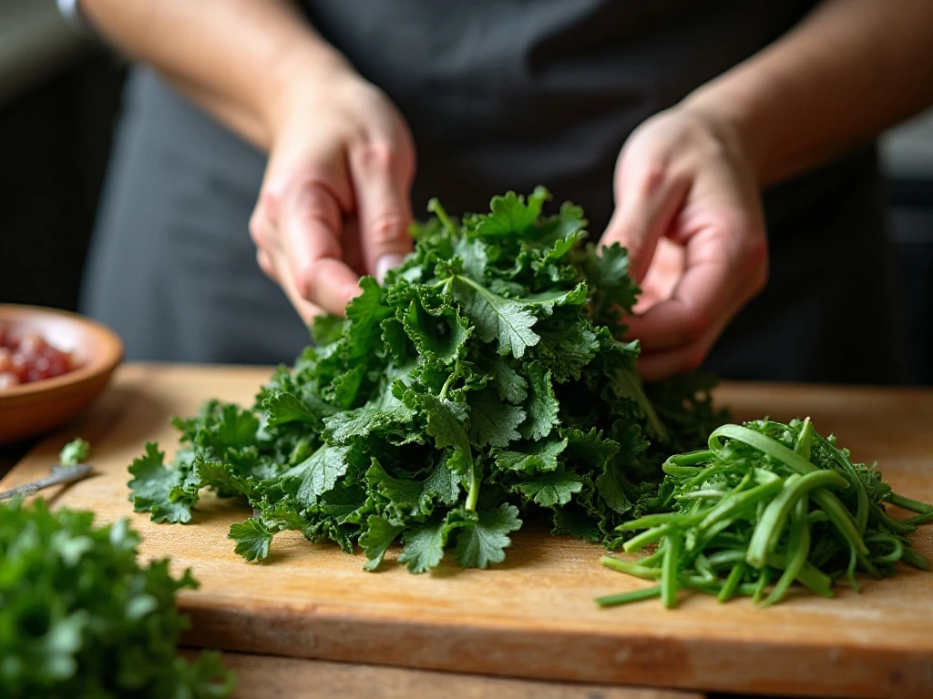 Preparing collard greens by washing and slicing the leaves